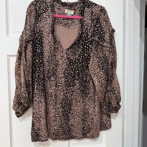 Anthropologie/Maeve Taupe and Black Printed V-Neck Blouse